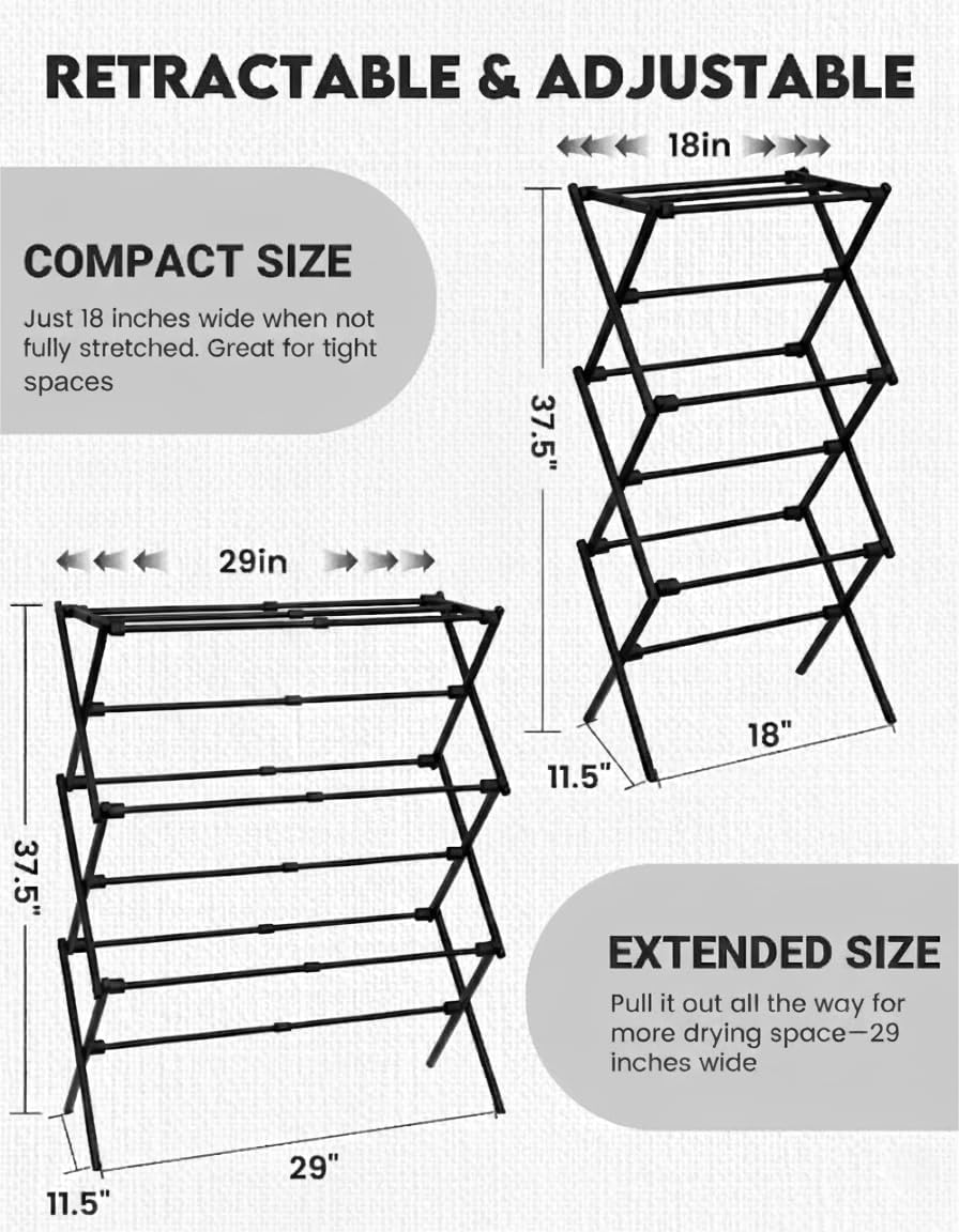 Skiennix 3-Tier Metal Folding Clothes Drying Rack - Collapsible Indoor & Outdoor Laundry Dryer | Black