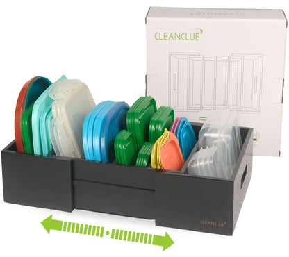 CLEANCLUE Expandable Kitchen Cabinet Organizer for Food Storage Container Lids, Bamboo Drawer Caddy Adjustable Dividers, Box for Kitchen Storage and Organization, Lids Organizer for Cabinet (Black)