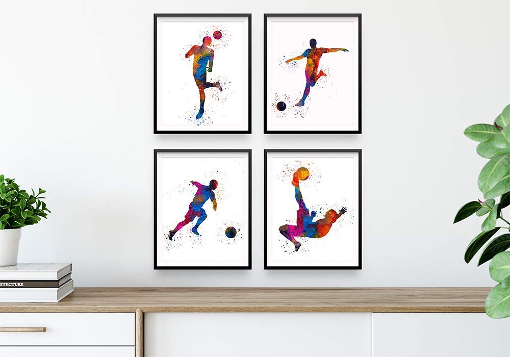 Soccer Player Abstract Sport Wall Art - 8x10" Set of 4 for Male Players, Coaches, and Fans