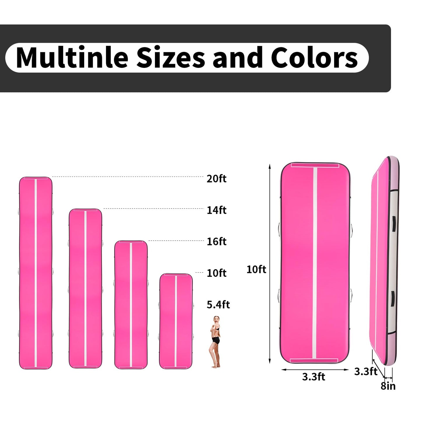 Inflatable Gymnastics Mat Tumble Track (8 Inches Thick) - 20ft Air Floor Training Mats for Home Use, Cheerleading, Water Fun & Camping - Includes 500W Electric Pump & Carbon Pattern Design, Pink