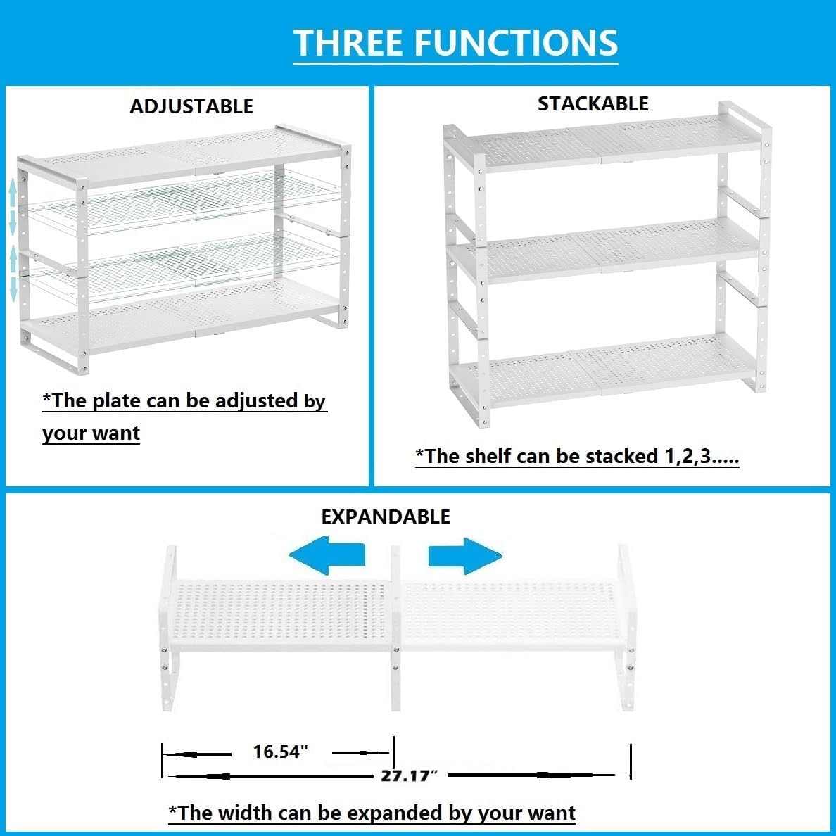 Expandable, Adjustable & Stackable Spice Rack, Metal Pantry Storage Shelves for Kitchen Countertop Organizer