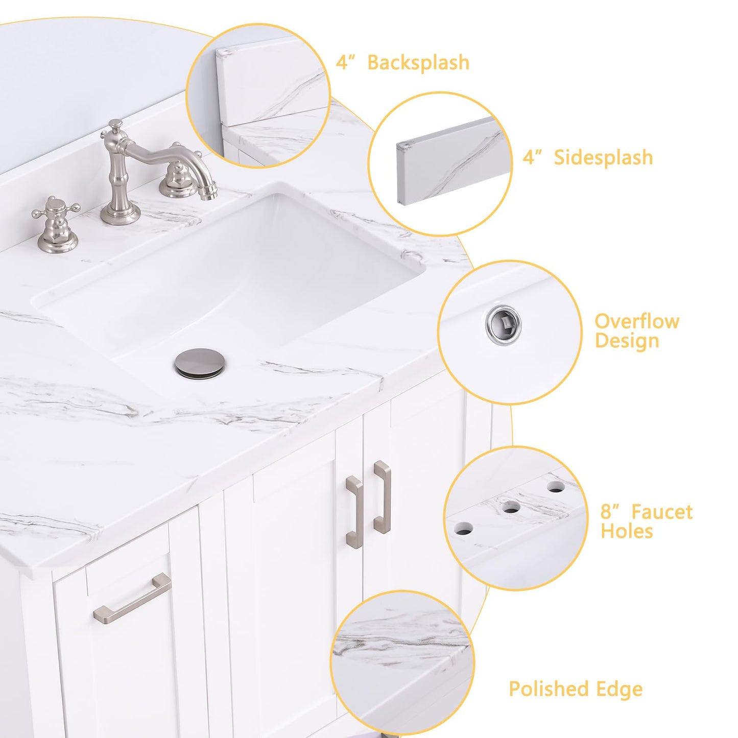Dornberg 42"x22" Quartz Ocean White Bathroom Vanity Top, with Undermount Middle Sink Vanity Top,with One Sidesplash & One Backsplash,8 Inch Faucet Hole Spread Bathroom Vanity Sink Countertop