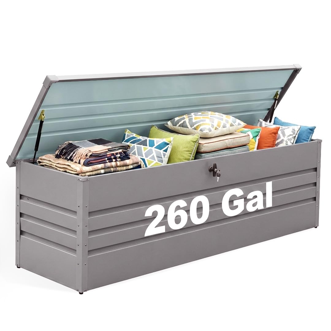 Zolyndo 260 Gallon Metal Deck Box, Extra Large Metal Patio Outdoor Storage Box with Lockable Lid, Waterproof Garden Storage for Cushions Pool Accessories Tools Light Gray