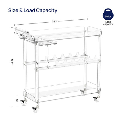 HMYHUM Acrylic Bar Cart with 4 Lockable Wheels, Clear Serving Cart with Wine Rack and Glass Holder, Rolling Beverage Cart for Home, Kitchen, Dinning Room, 33.7" L x 13" W x 34.8" H