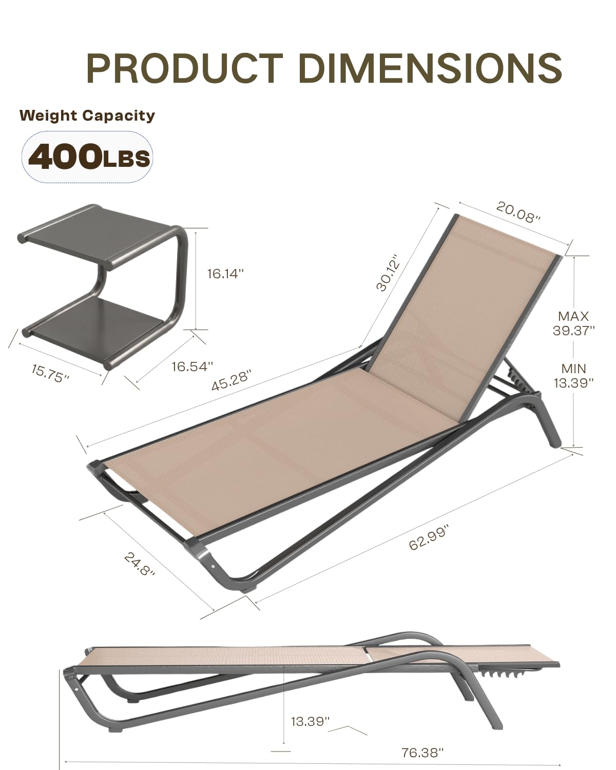 AreShark Aluminum Chaise Lounge Outdoor Set of 2,Textilene Patio Lounge Chair with 6-Position Adjustable Backrest,Stackable & Easy Assembly,Lightweight for Pool,Deck,Balcony,Lawn,Light Gray,Khaki