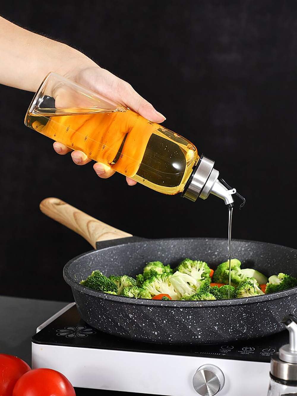 Olive Oil Dispenser Bottle, 10 Oz Liquid Condiment Container, Glass Decanter with Dripless Capped Spout and Degree Scale