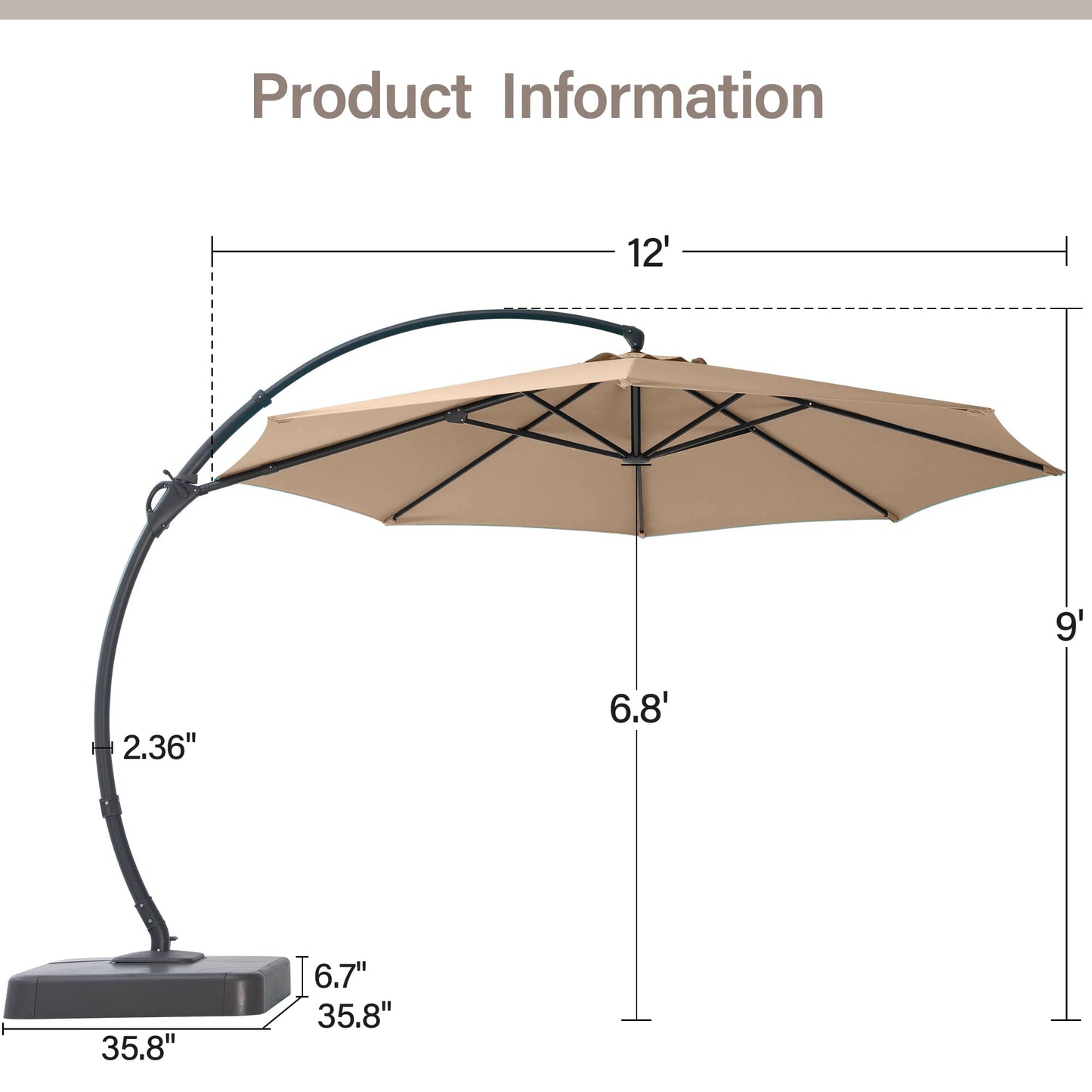 LAUSAINT HOME Sunbrella Outdoor Patio Umbrella with Base Included, 12 FT Deluxe Curvy Cantilever Umbrella Offset Hanging Umbrella with 360° Rotation for Market, Pool, Deck, Garden, Backyard