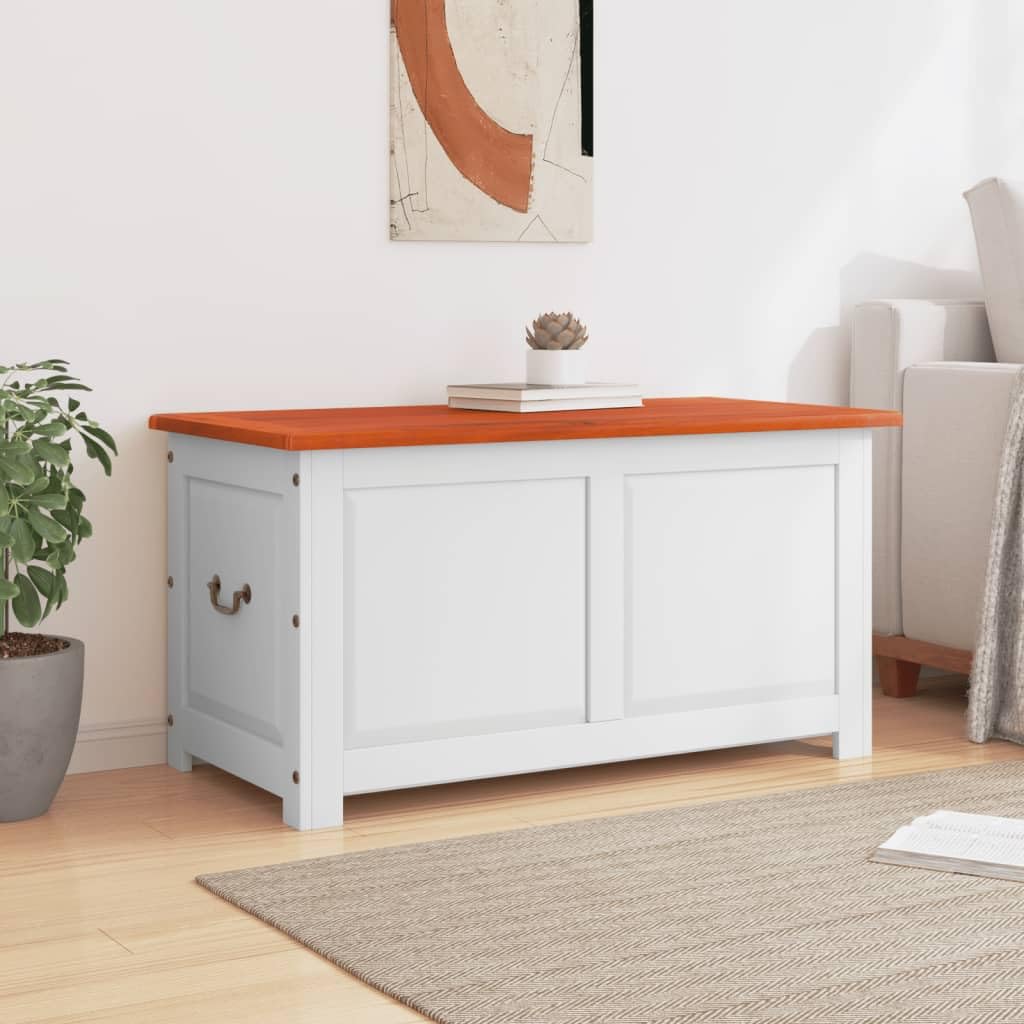 MNISDFL Brown and White Solid Acacia Wood Storage Chest with Gas Lift Lid, 43.3 x 21.7 x 22.4 in Retro Chic Design for Living Room Bedroom Hallway, Multi-Purpose Organizer