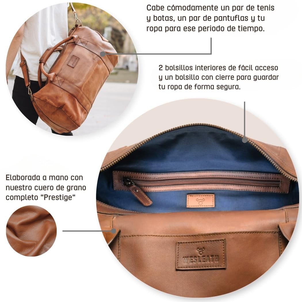 Full Grain Leather Duffle Bag – 40L Travel, Gym & Carry-On Weekender for Men | Handcrafted Overnight Bag with Brass Hardware, Vintage Style