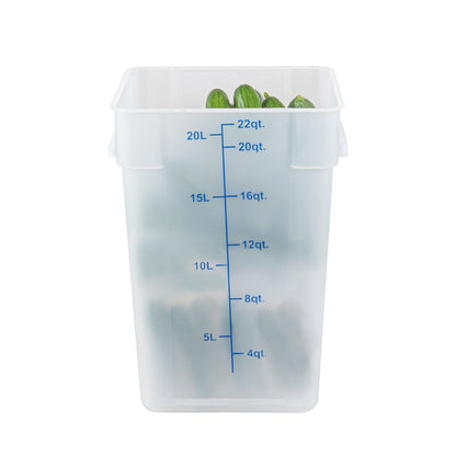Restaurantware Food Storage Container 1 Pack of 22 qt Plastic Kitchen Storage Bin with Volume Markers Space-Efficient Design Dishwasher-Safe Polypropylene Translucent