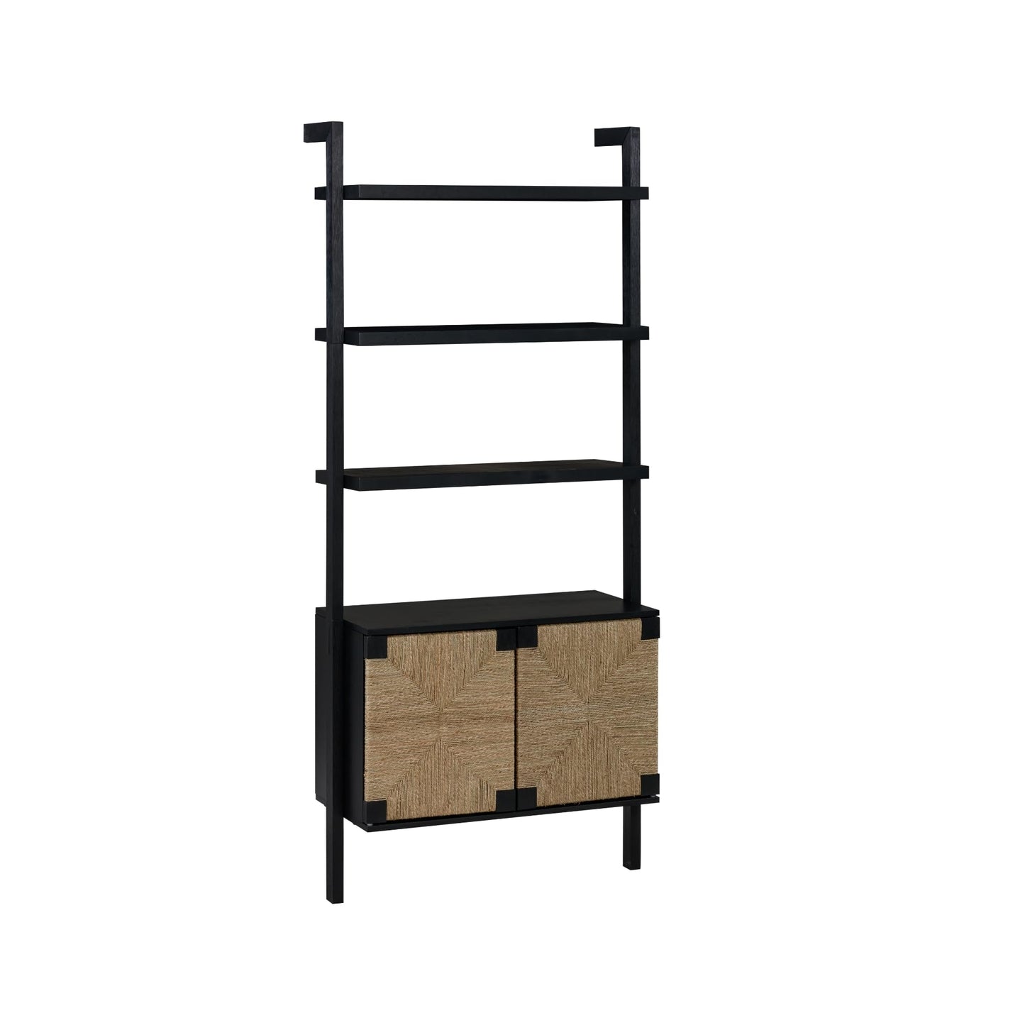 Nathan James Beacon 3-Shelf Bookcase with Seagrass Cabinet, Solid Wood Boho Bookshelf with Storage with Solid Wood Frame, Seagrass/Black