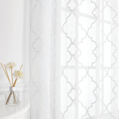 White Sheer Curtains 84 Inches Long, Lattice Geometric Embroidered Semi Sheer Curtain Panels, 52"w x 2pcs, Grommet Top