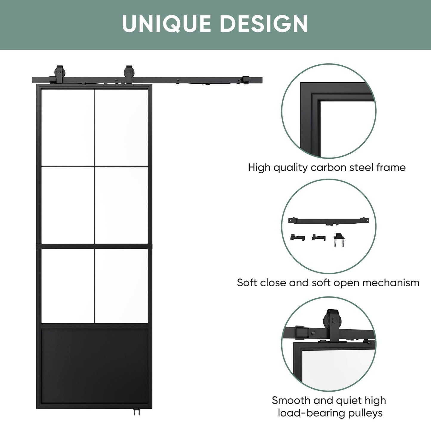 JUBEST 32in x 84in Glass Barn Door, Frosted Tempered Glass Carbon Steel Pre Drilled Frame Sliding Barn Door Panel with 5.5FT Hardware Kit and Soft Close Mechanism