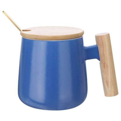 HARFINGTON Ceramic Coffee Mug 12.85 Oz Simple Wooden Handle Large Tea Cup Handmade Ceramic Mugs Gift Set with Lid and Spoon for Office Kitchen Home and Gifts for Women and Men, Blue