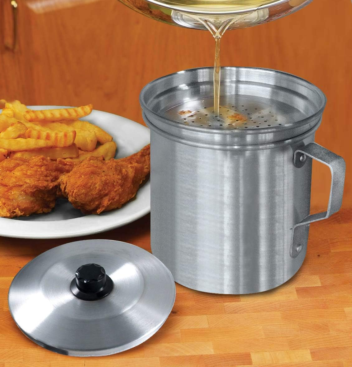Bene Casa Fine Filter Aluminum Oil Strainer and Dispenser (1 Quart), Dishwasher Safe with Stay-tight Lid