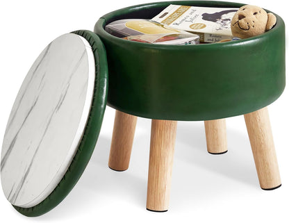13 Inch WBD023GR IBUYKE Foot Stool Ottoman with Storage, Round Small Foot Rest with Padded Seat and Wood Legs, PU Faux