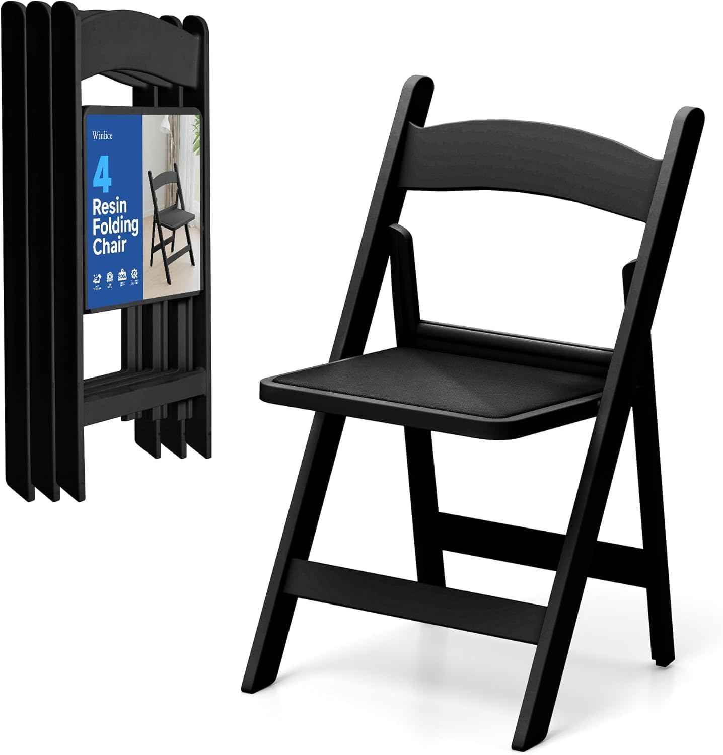 Stackable Black Resin Folding Chairs - 12 Pack, Lightweight with Padded Seats, 800lb Capacity, Ideal for Indoor/Outdoor Events, Comfortable & Portable Seating Black 4 Pack (Black, 2)