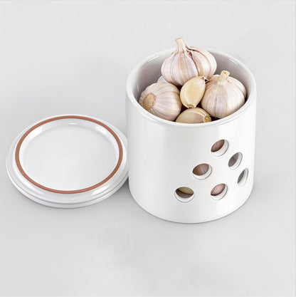 LEEPENK Garlic Keeper,Vented Clay Garlic Storage Container Saver with Lid and 12 Air Vent,Reserve for Garlic, Onion, Lemon, Patato or Ginger (White Glazed)