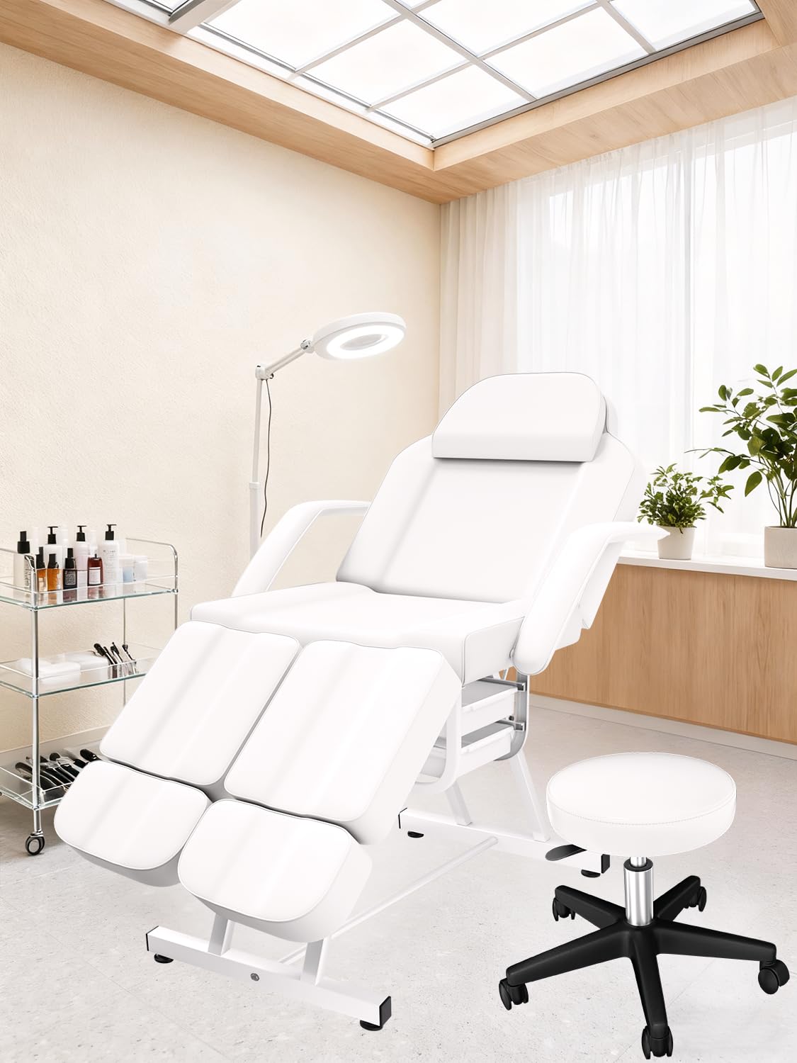 Facial Chair Tattoo Chair for Client, Facial Bed Esthetician Adjustable Massage Table with Headrest & 360° Rolling Stool, Split Legs Design, Lash Bed for Salon Spa Massage Equipment, Elegant White
