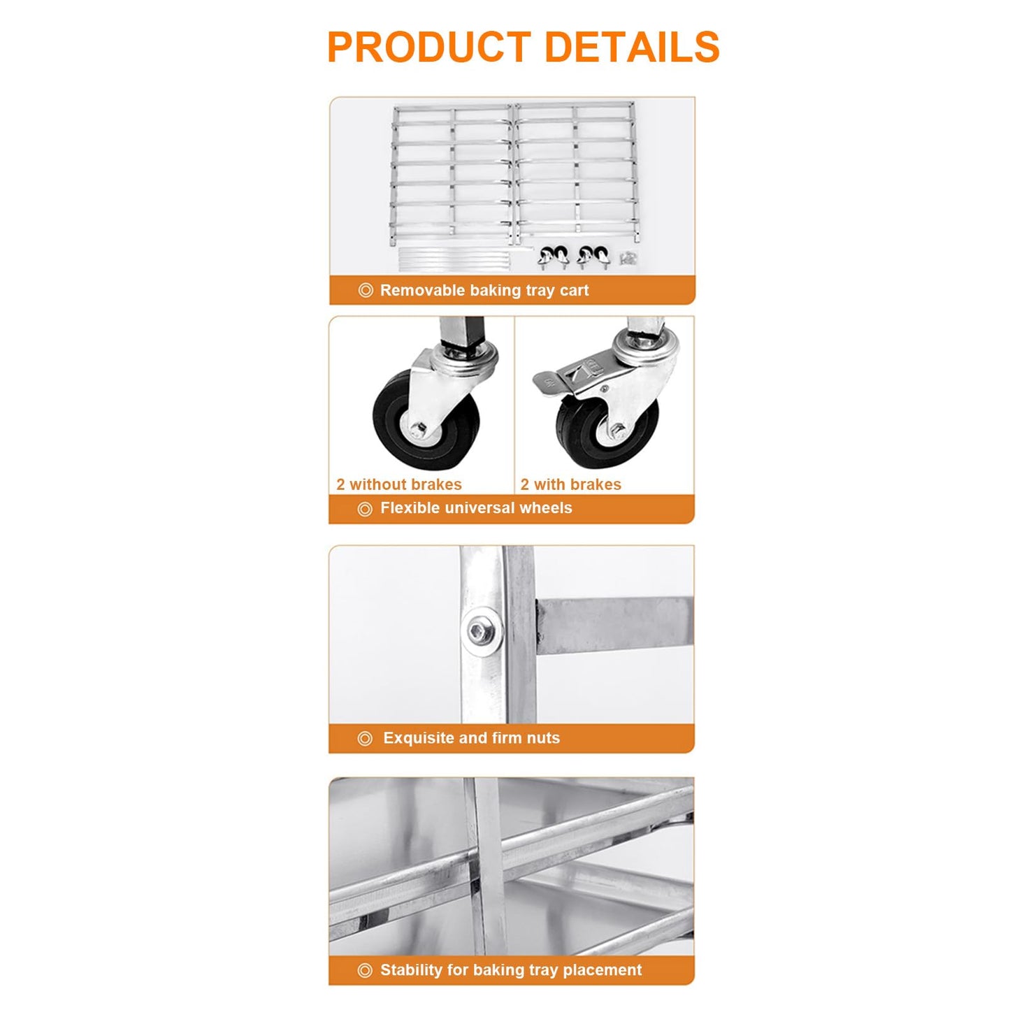 FUDUOSHUNYI Commercial Bakery Rack Stainless Steel Bun Pan Sheet Rack with Brake Casters, Kitchen Restaurant Cafeteria Bakers Rack Heavy Duty Dough Pizza Baking Tray Racks Storage Cooling Rack