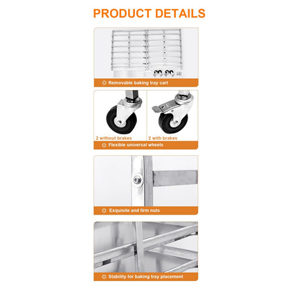 FUDUOSHUNYI Commercial Bakery Rack Stainless Steel Bun Pan Sheet Rack with Brake Casters, Kitchen Restaurant Cafeteria Bakers Rack Heavy Duty Dough Pizza Baking Tray Racks Storage Cooling Rack