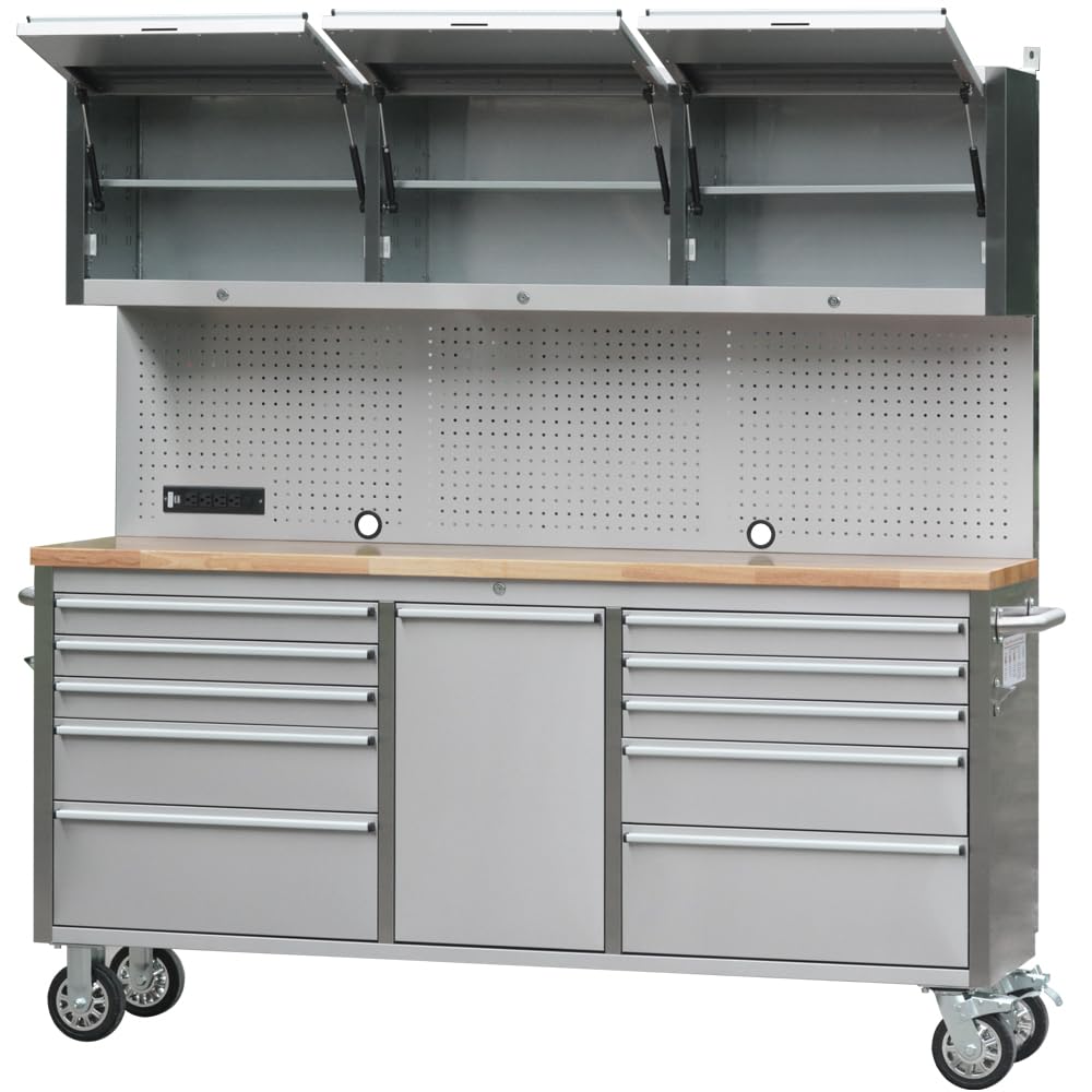 UYRIE 72" Stainless Steel Rolling Tool Chest with 11 Drawers + 3 Upper Cabinets, Large Lockable Storage Cabinet, Mobile Workbench with Wheels for Garage Workshop (1 × HTC7214W1)