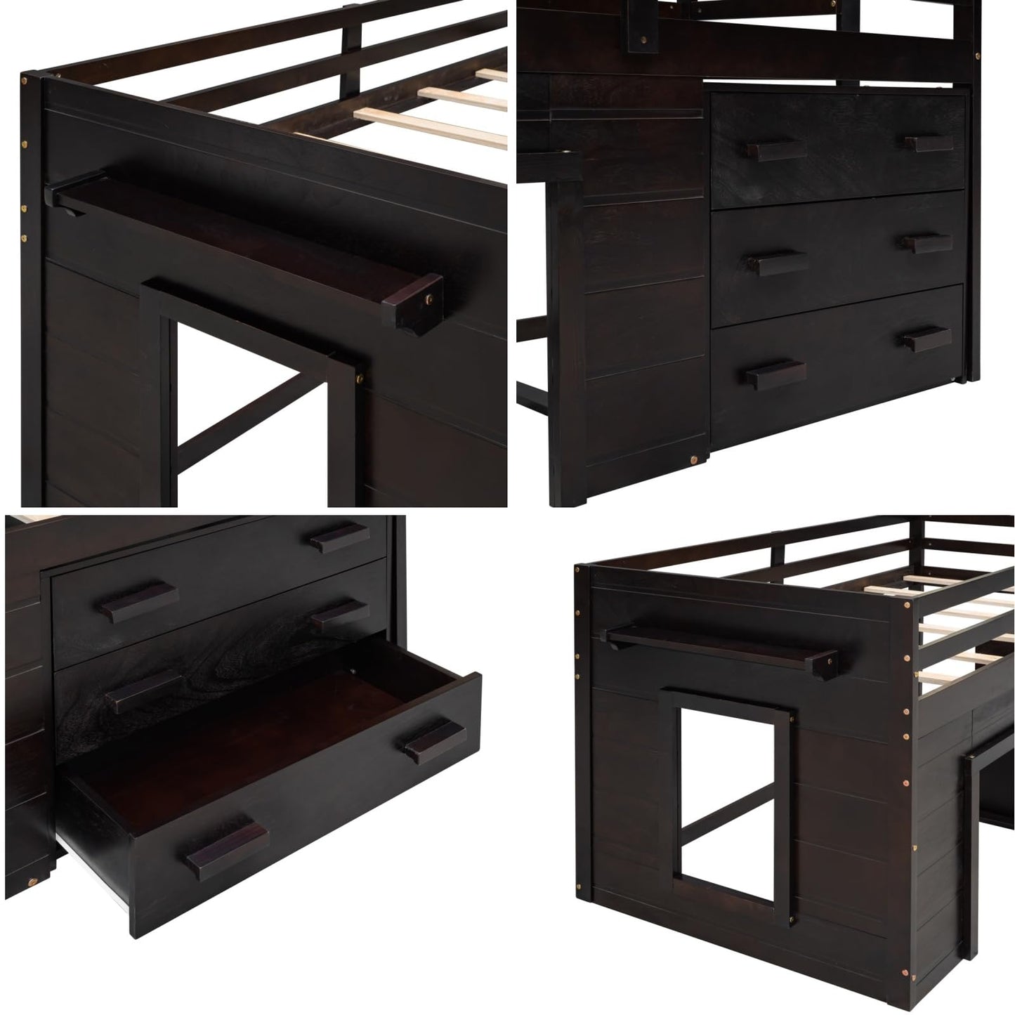Merax Twin Size Loft Bed, Wood Bedframe for Kids Teens Adults Bedroom with Cabinet, Shelf, Stairs, Espresso