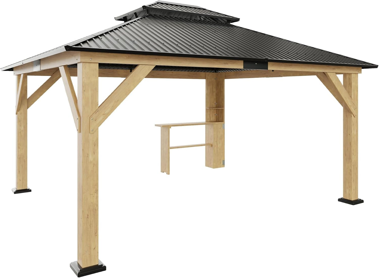 AMERLIFE 13x15 Spruce Wood Hardtop Carport, Outdoor Gazebo with Double Metal Roof & Storage Bar, Paviloin with Wood Frame for Patio, Parties, Garage, Lawns