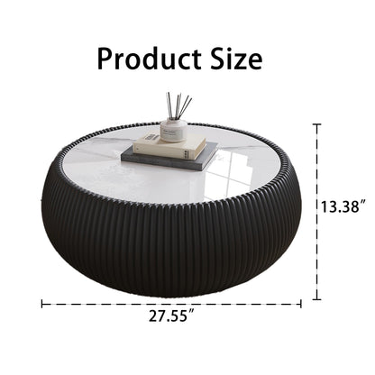 KEIKI Round Coffee Table, Mid Century Modern Tea Tables w/Marble Desktop, No Assembly Required Drum Shaped Corner Center Drink Tables, Accent Side Cafe Desk for Living Room, PU Wrapped Frame, Black