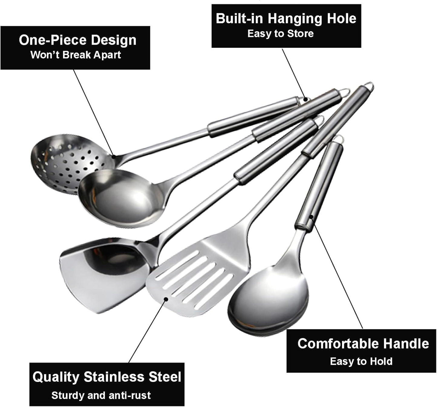 Stainless Steel 5-Piece Utensil Set: Heat Resistant Cooking Tools, Slotted Spoon, Spatula, Large Spoon