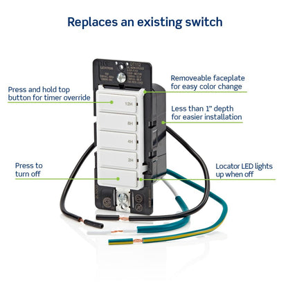 Leviton Countdown Timer Switch for bathroom fan and household lights, 5-10-15-30 min, No Neutral Required, Single Pole, 15A, 1/2 HP/9.8A Fan/Motor, DT130-1LW, White