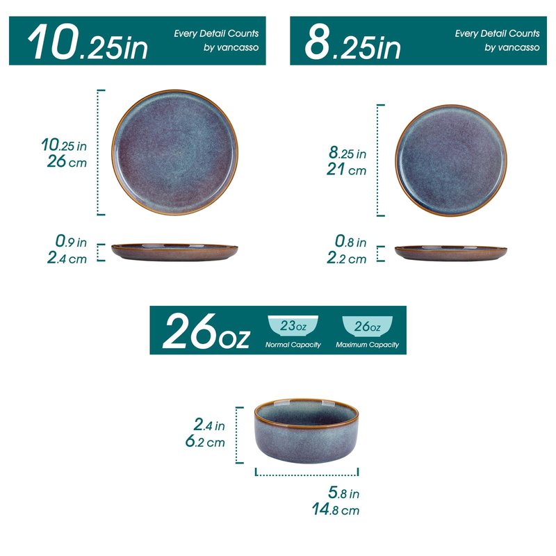vancasso PLAYA Plates and Bowls Sets, 12 Pieces Grey-Blue Dinnerware Sets for Kitchen, Reactive Glaze Dishes Set for 4, Dishwasher and Microwave Safe