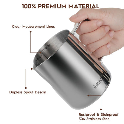Adorever Milk Frothing Pitcher, 16oz 480ml Milk Frother Cup Stainless Steel Steaming Pitcher, Coffee Bar Cappuccino Espresso Machine Accessories Barista Tools, Steamer Cup Milk Jug with Latte Art Pen