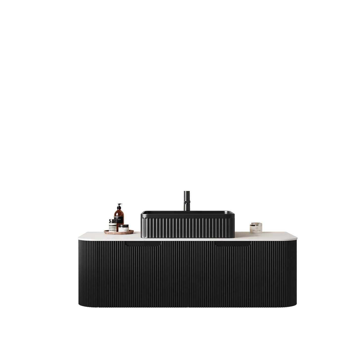 GDFStudio 48" Floating Bathroom Vanity with Sink, DINA Wall Mounted Curved Cabinet, Carrara White Sintered Stone Top, Double Drawer Storage, 3D Striped Finish, Modern Black Rectangular Ceramic Basin