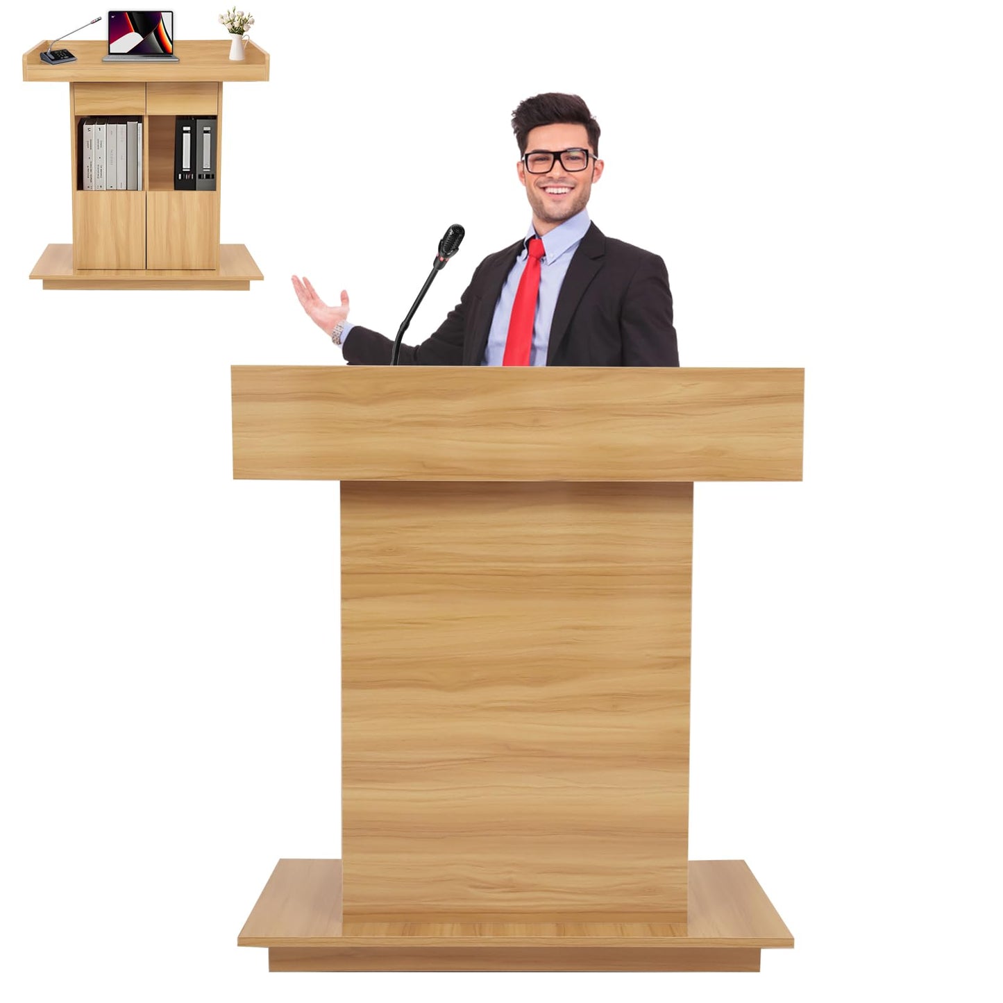 Wooden Podium Stand for Church Wooden Speaking Lectern with Drawers and 3 Levels of Storage Lecterns and Podiums Pulpit Stand for Churches Classroom Conference Room (Natural Wood Color, 39.4 * 20in)