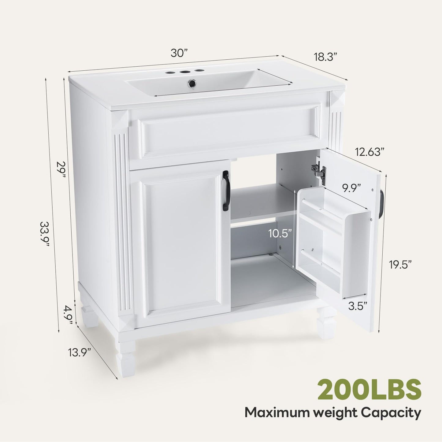 Sweetcrispy 30" Bathroom Vanity with Sink, Bathroom Storage Vanity Sink with 2 Doors, Farmhouse Wooden Free Standing Bathroom Cabinet with Sink, Easy Assembly, NO Mirror Faucet, Ivory White
