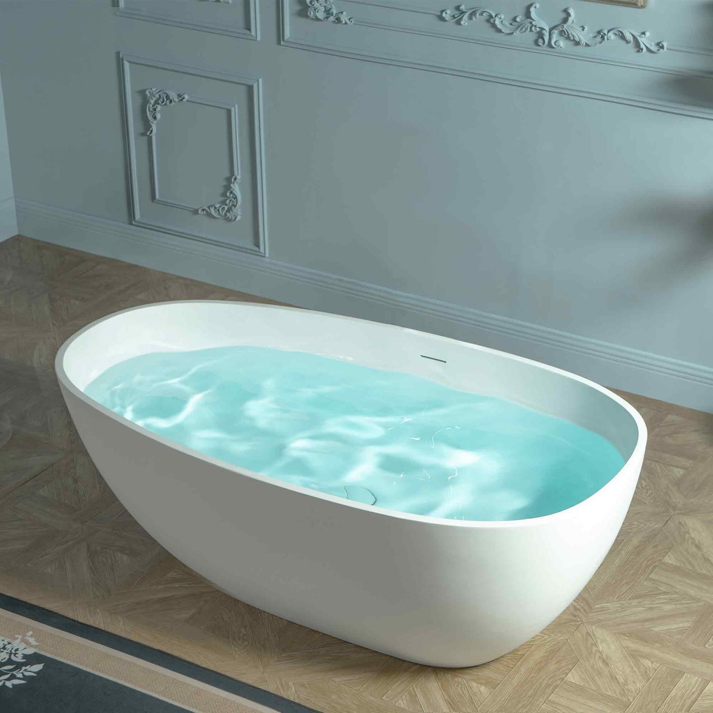 WOODBRIDGE 59" Egg-Shaped Solid Surface Freestanding Soaking Tub, Modern Oval Stone Resin Bathtub with Integrated Slotted Overflow & Drain, Matte White, EST0701