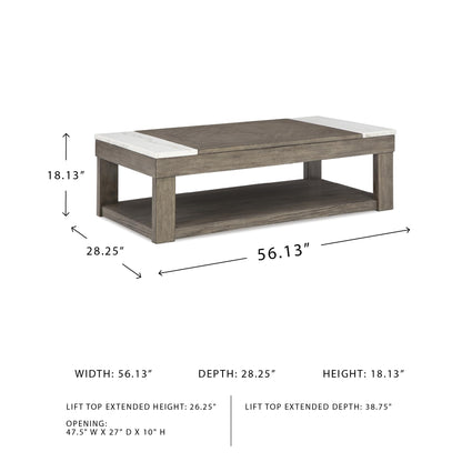Signature Design by Ashley Loyaska Casual Lift-Top Coffee Table with 1 Lower Shelf, Marble Accents and Casters, Brown & White