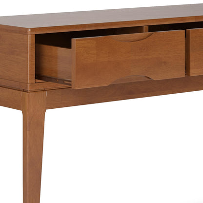 SIMPLIHOME Harper Console Table - 54 Inch Wide Solid Hardwood Sofa Table in Teak Brown, Mid-Century Modern Storage Table for Entryway or Living Room with 3 Drawers, Notched Handles, and Tapered Legs