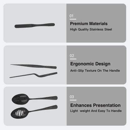 Professional Chef Tools | Plating Tools Culinary Set | Piece Culinary Tool Set | Premium Stainless Steel Chef's Plating Tool Set | Kitchen Tweezers & Fish tongs & Spatula & Slotted Spoon (Black) (5)