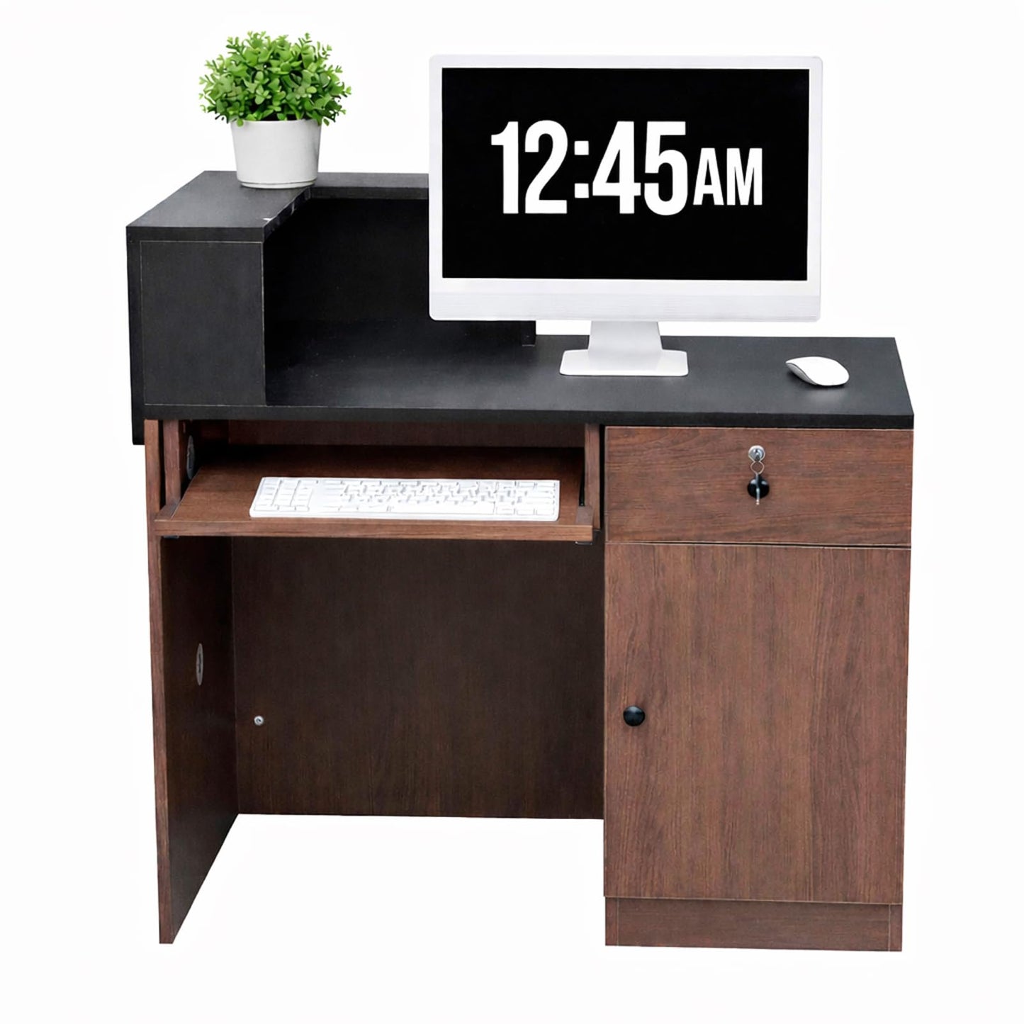 Modern Reception Desk with Storage Drawer & Counter Shelf, 39.4" Front Counter Reception Table for Office, Salon, Lobby, Retail Store (Walnut, Left Table)