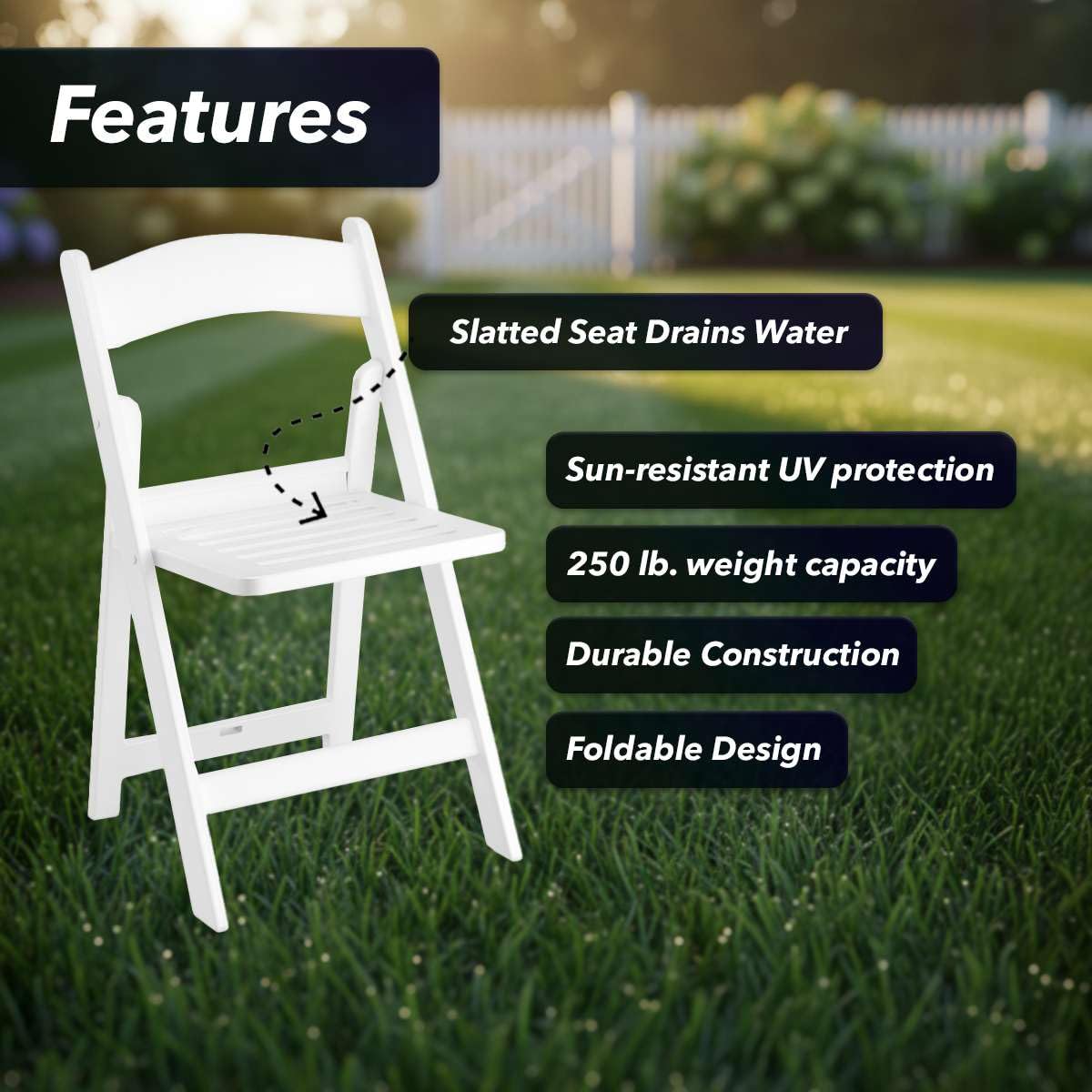 SunSierra 8 Pack, White Resin Folding Chairs with Slatted Seat, Commercial-Grade Event Seating for Weddings, Parties, Picnics, Indoor/Outdoor Use - Durable & Foldable Design