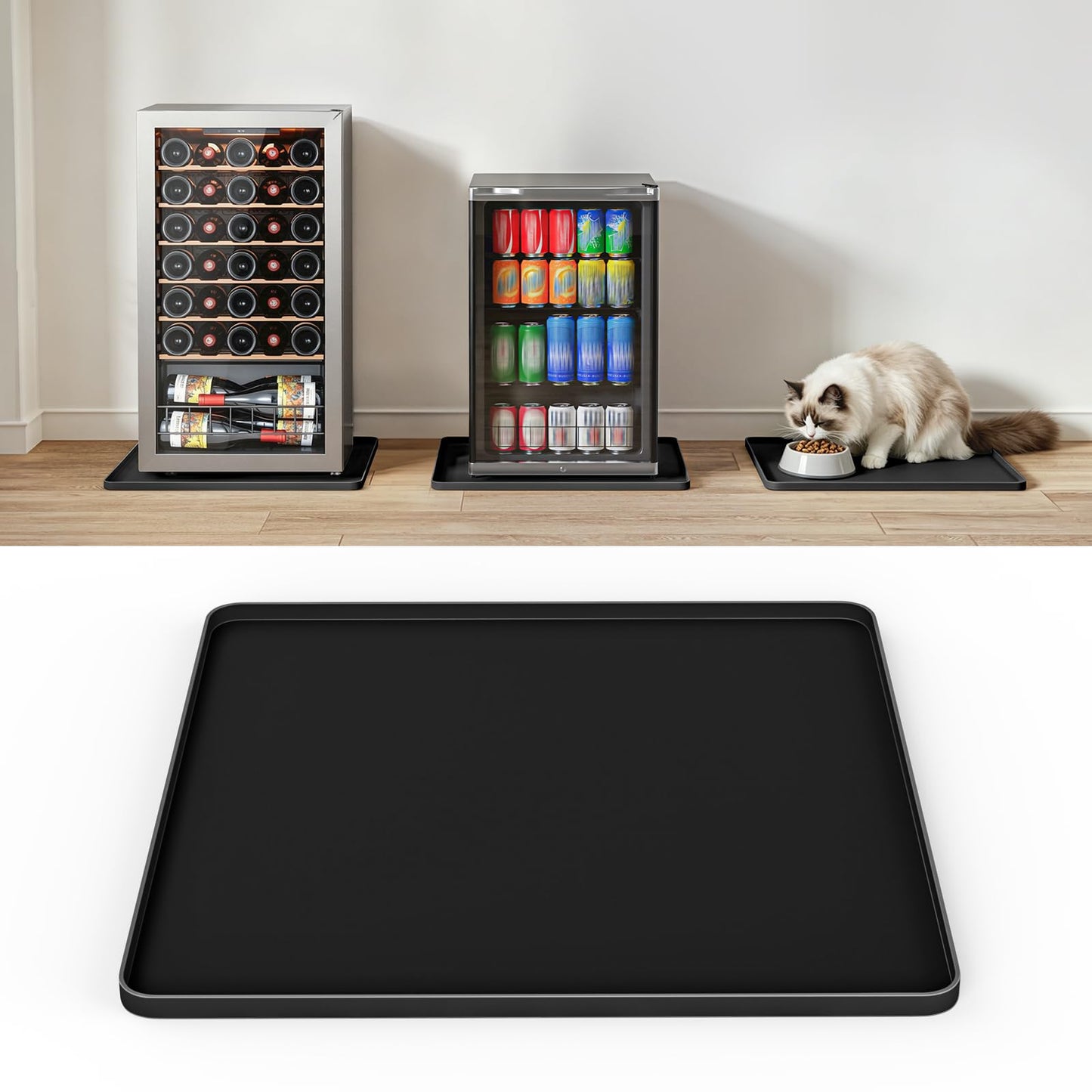 NAMTSO Mini Fridge Mat Silicone Tray - 19.7"x19.7" Cat Food Mat with Raised Edges, Soft Non-Slip Rubber Mat, Waterproof Counter and Floor Protector for Coffee Maker, Humidifier, Ice Maker, Black