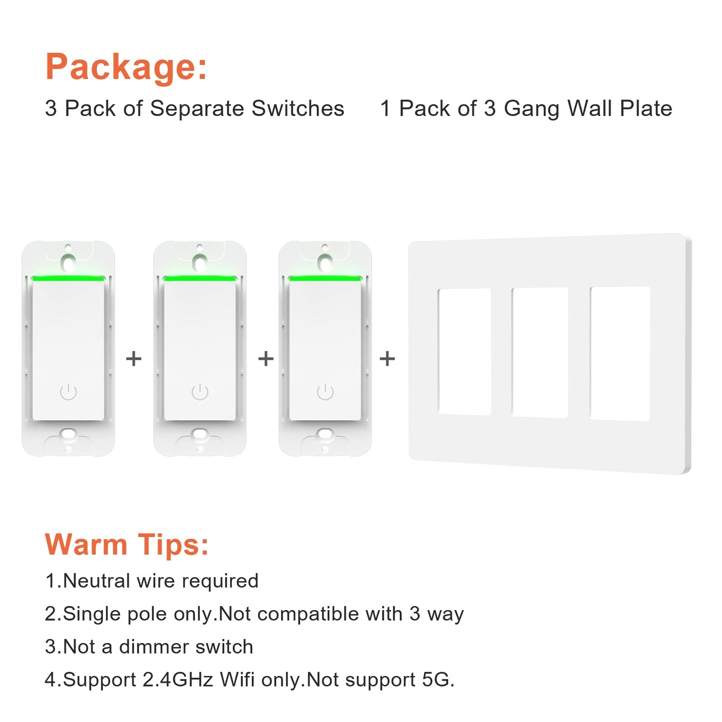Milfra Smart Light Switch-Smart WiFi Switch 2.4Ghz Compatible with Alexa, Google Assistant,Remote Control/Voice Control and Schedule, Neutral Wire Required, Single-Pole, No Hub Required (4 Pack)