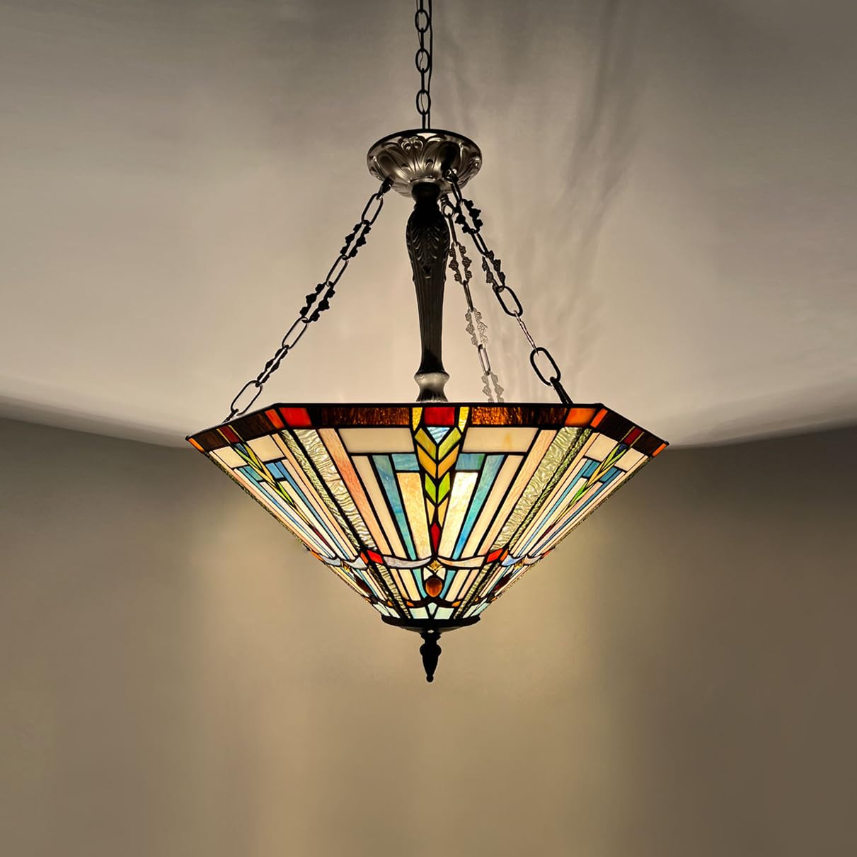 COTOSS Tiffany Pendant Light Fixtures,22" Wide Large Stained Glass Inverted Ceiling Pendant for Dining Room,Antique Style 3 Lights Hanging Lamp for Living Room Lobby Stairway