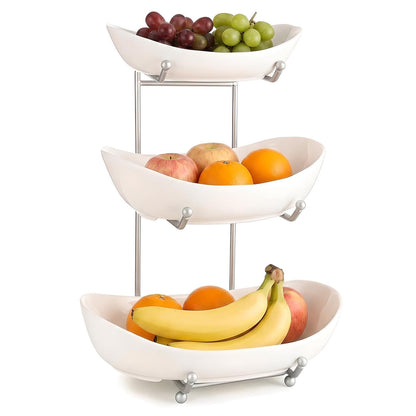 MEIGLQEA 3 Tier Fruit Basket for Kitchen Counter, Silver/White Ceramic Fruit Bowl for Countertop, Home Fruit Rack with Holder, Vegetable Bowl Snacks Nuts Bread Candy Storage (White)