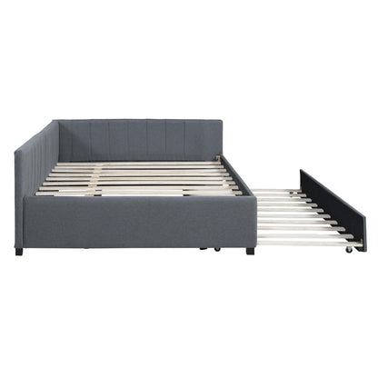 Merax Upholstered Daybed with Trundle, Gray Linen Full Size Sofa Bed Frame, No Box Spring Needed