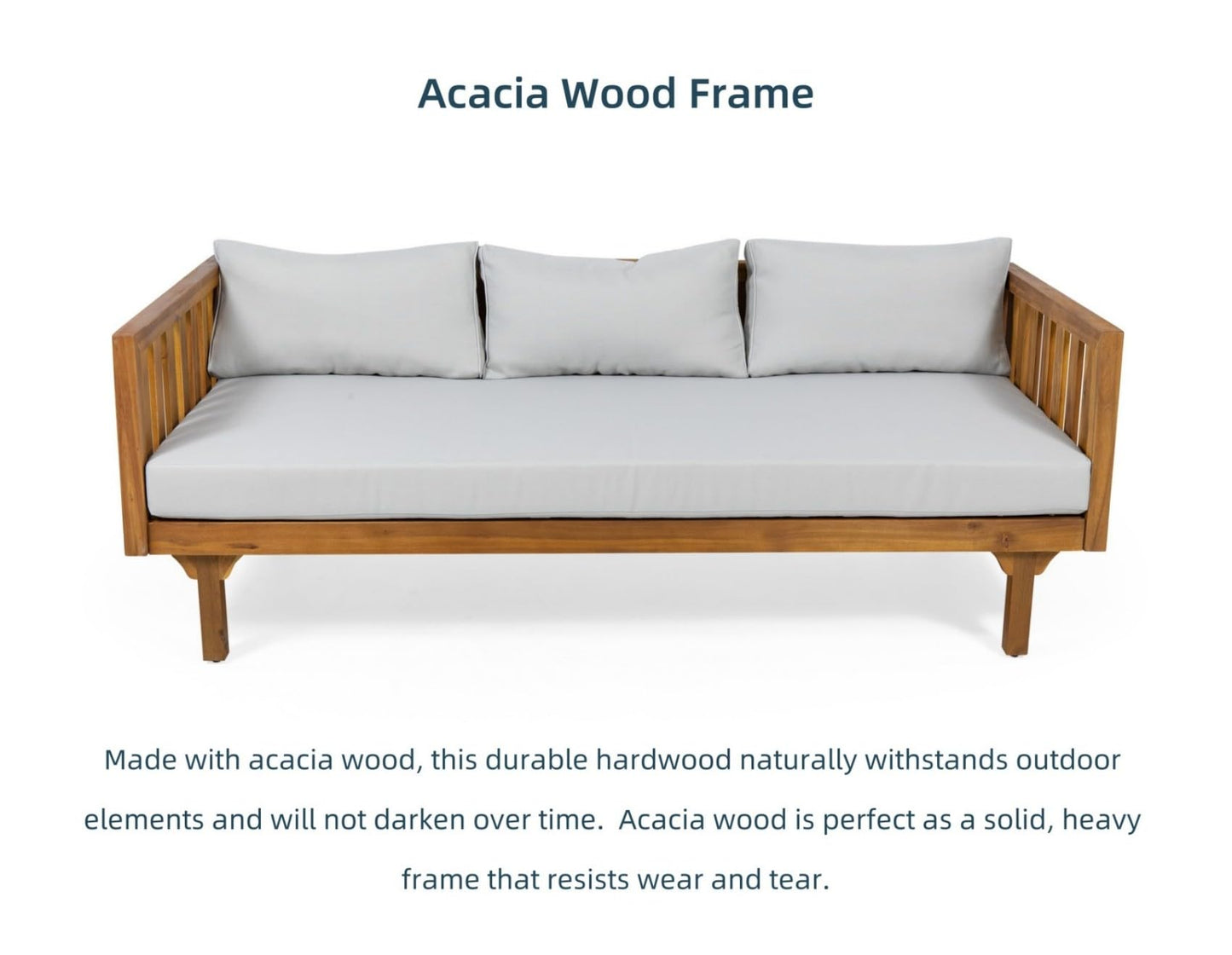 Merax Solid Acacia Wood Couch Chaise Lounge Chair Indoor, 3 Seater Daybed Sofa Couches with Cushions & Pillow, Heavy Frame Day Bed for Living Room, Office, Outdoor, Balcony, Patio, Water Resistant