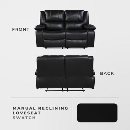 Lexicon Manual Double Reclining Loveseat - Top Grain Leather Match Manual Tab Pull Loveseat Recliner for Living Room, Wall Hugger, Pillow Top Arms, Padded Headrest, Foam Over Pocket Coils Seat, Black