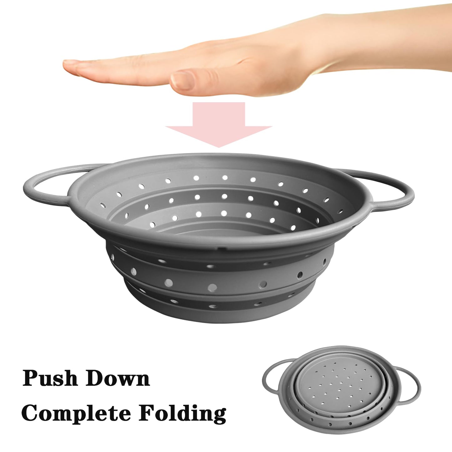 Collapsible Colander with Handle, Silicone Kitchen Colander for Easy Storage,Four-side Fast Draining Silicone Draining Basket, Perfect for Fruits Vegetables (Gray L)